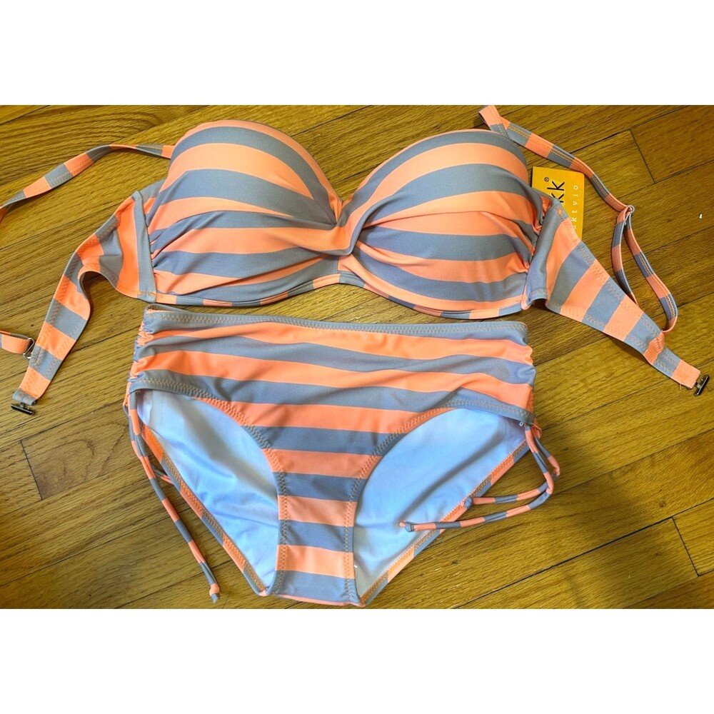 Womens XL  Orange Gray Swimsuit Bikini Set Underwire Molded Cup Removable 2Pc